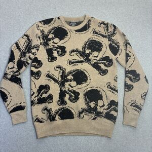 RGSTR Skull Knit Sweater Men Large Tan Black Gothic Grunge Streetwear Crewneck